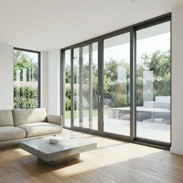 Slim-line sliding window in a modern living room